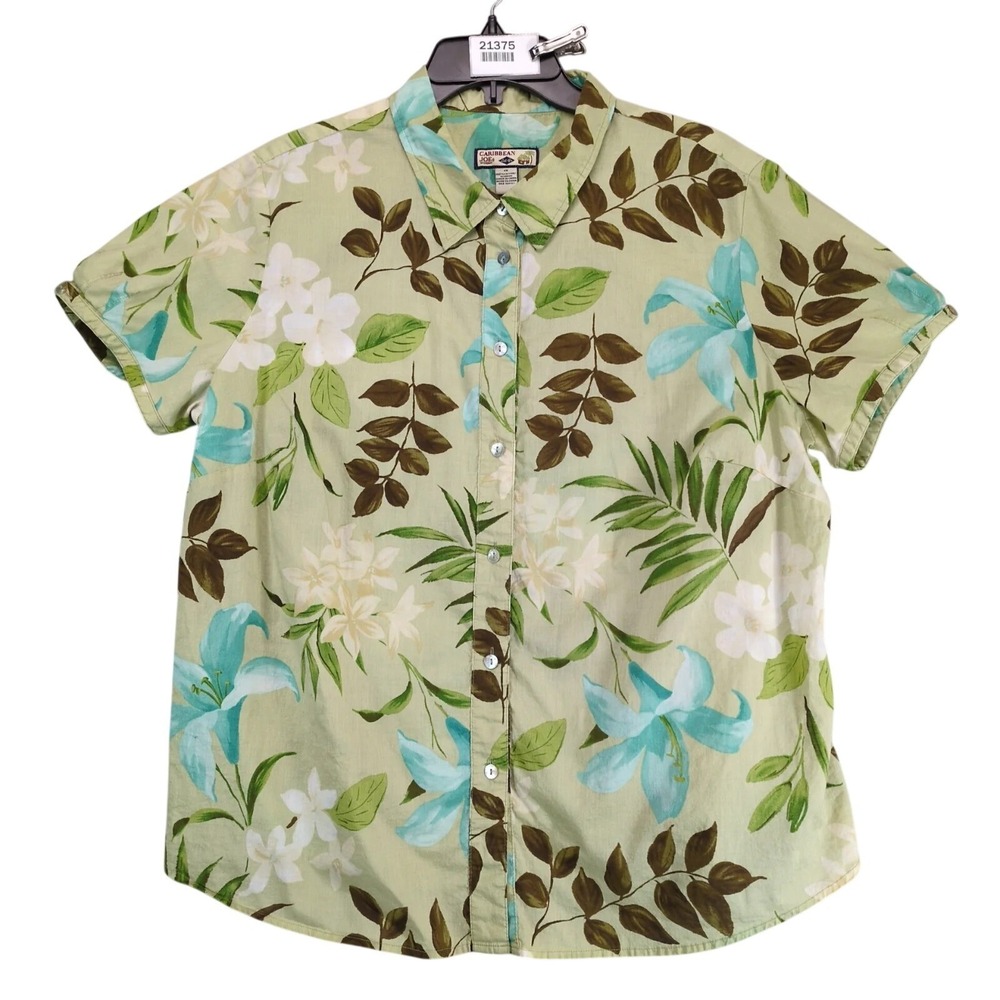 Caribbean Joe Floral‎ Button Up Shirt Womens Plus Size 1X Tropical 100% Cotton